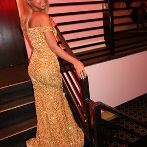 Fashion Nova Glittering Gold Off-Shoulder Dress